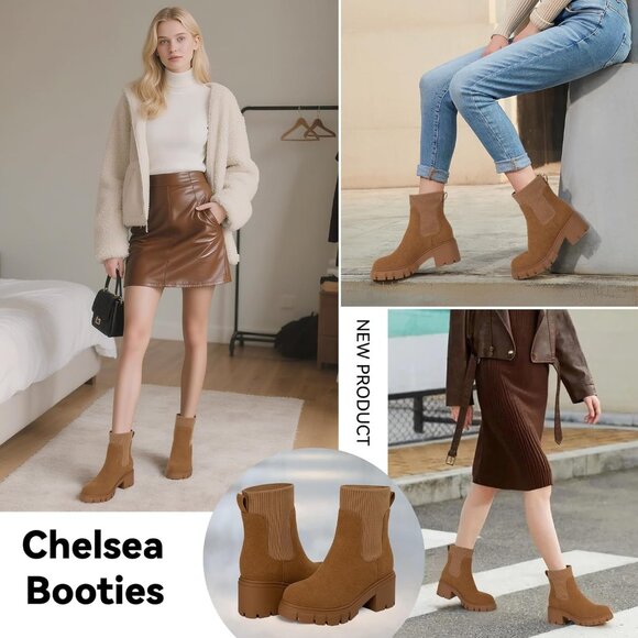 Women Brown Suede Low Wedge Heel Slip On Chunky Platform Chelsea Ankle Boots - Picture 6 of 6